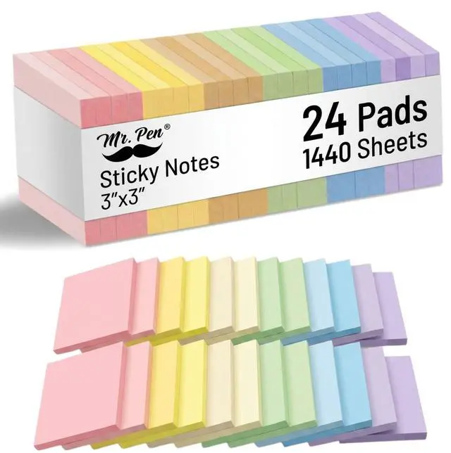 Main image of Sticky Notes, 3"x3", 24 Pads, 1440 Sheets, Pastel Colors