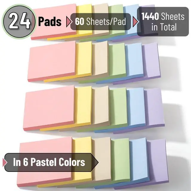 Alt view image 2 of 7 - Sticky Notes, 3"x3", 24 Pads, 1440 Sheets, Pastel Colors