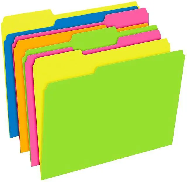 Main image of File Folders, 12-Pack, Letter Size, Twisted Glow Neon Assorted Reversible Colors, 1/3-Cut Staggered Tabs, Versatile Document Organizers for School Classrooms and Professional Office Desks