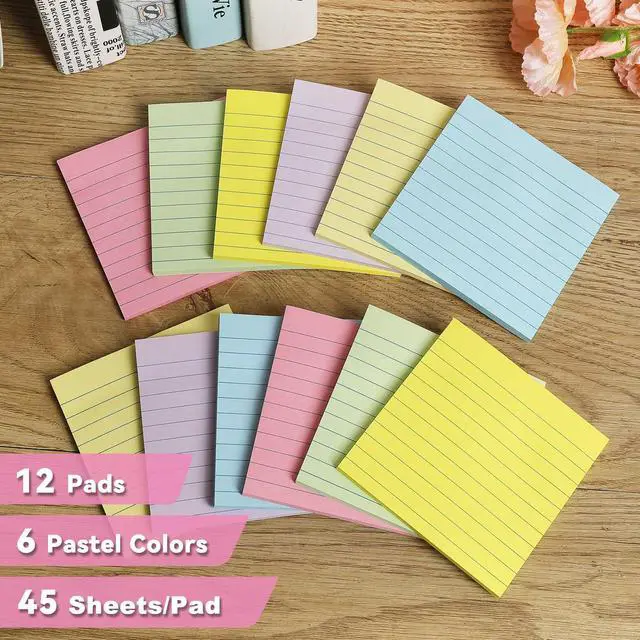 Alt view image 3 of 6 - 12 Pack Lined Sticky Notes 4x4 in, Pastel Colors Self- Stick Note Pads Its