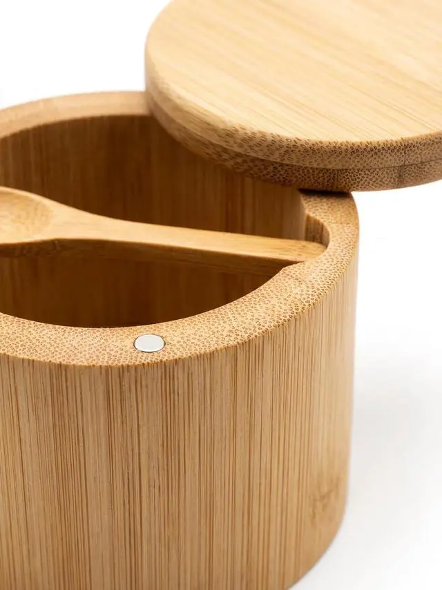 Alt view image 5 of 7 - Salt Cellar with Magnetic Swivel Lid and Spoon Bamboo Salt Box for Countertop, 6 oz Wooden Salt Container | Stores Sea Salt, Kosher Salt, Spices, Pepper & Sugar | Housewarming Gift for Home Cooks