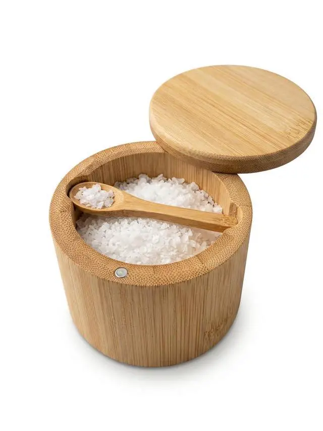 Main image of Salt Cellar with Magnetic Swivel Lid and Spoon Bamboo Salt Box for Countertop, 6 oz Wooden Salt Container | Stores Sea Salt, Kosher Salt, Spices, Pepper & Sugar | Housewarming Gift for Home Cooks