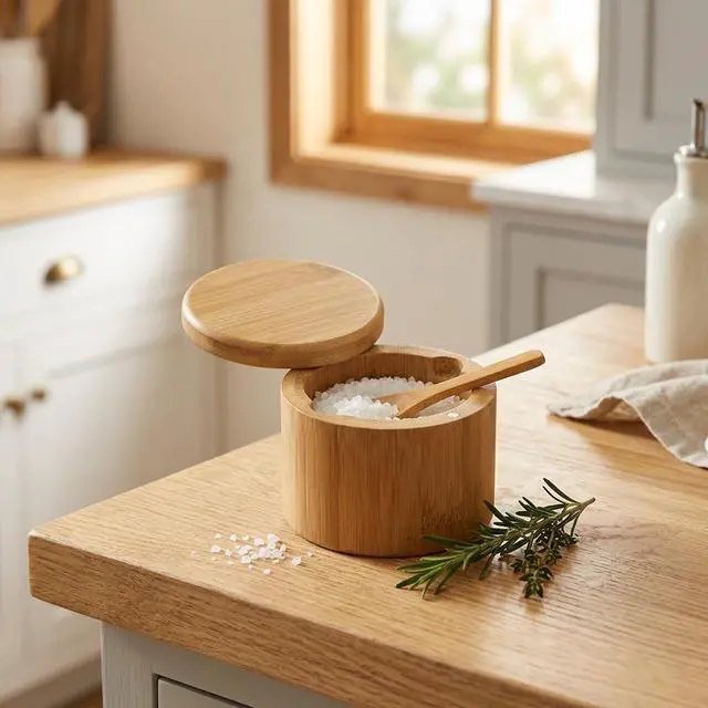 Alt view image 6 of 7 - Salt Cellar with Magnetic Swivel Lid and Spoon Bamboo Salt Box for Countertop, 6 oz Wooden Salt Container | Stores Sea Salt, Kosher Salt, Spices, Pepper & Sugar | Housewarming Gift for Home Cooks