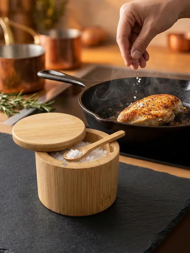 Alt view image 3 of 7 - Salt Cellar with Magnetic Swivel Lid and Spoon Bamboo Salt Box for Countertop, 6 oz Wooden Salt Container | Stores Sea Salt, Kosher Salt, Spices, Pepper & Sugar | Housewarming Gift for Home Cooks