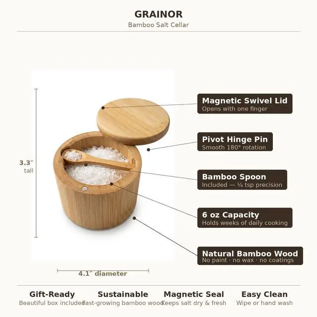 Alt view image 7 of 7 - Salt Cellar with Magnetic Swivel Lid and Spoon Bamboo Salt Box for Countertop, 6 oz Wooden Salt Container | Stores Sea Salt, Kosher Salt, Spices, Pepper & Sugar | Housewarming Gift for Home Cooks