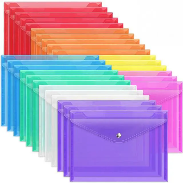 Main image of 28pcs Plastic Envelopes, Plastic Folders for Documents, Poly Folders with Snap Closure, 8 Colors, A4 Size, Letter Size, for School and Office Supplies