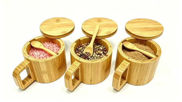 Main image of Bamboo Salt Cellar with Handle, 10oz Magnetic Swivel Lid & Spoon(3 Pack)