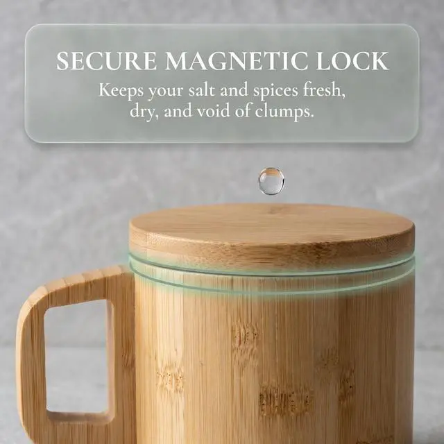 Alt view image 3 of 7 - Bamboo Salt Cellar with Handle, 10oz Magnetic Swivel Lid & Spoon(3 Pack)