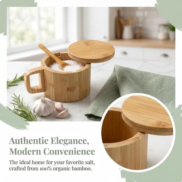 Alt view image 2 of 7 - Bamboo Salt Cellar with Handle, 10oz Magnetic Swivel Lid & Spoon(3 Pack)