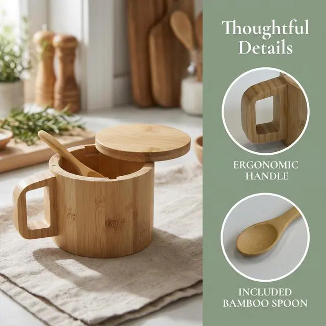 Alt view image 4 of 7 - Bamboo Salt Cellar with Handle, 10oz Magnetic Swivel Lid & Spoon(3 Pack)