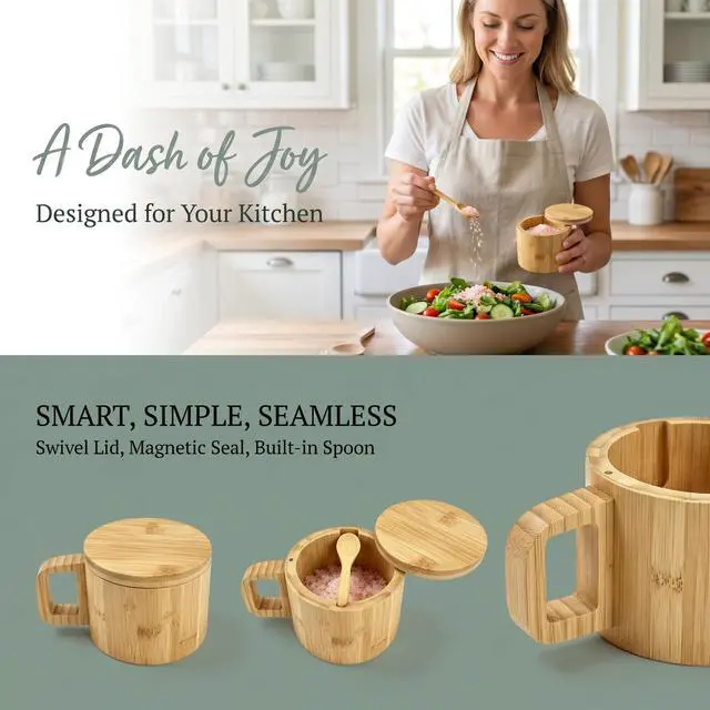 Alt view image 6 of 7 - Bamboo Salt Cellar with Handle, 10oz Magnetic Swivel Lid & Spoon(3 Pack)