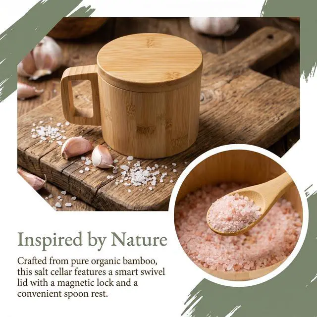Alt view image 7 of 7 - Bamboo Salt Cellar with Handle, 10oz Magnetic Swivel Lid & Spoon(3 Pack)