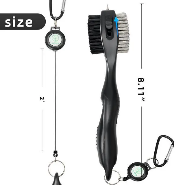 Alt view image 3 of 5 - Golf Club Brush, Oversized Brush with Rubber Hand Grip, Club Groove Cleaner with 2 Ft Retractable Extension Cord and Aluminum Carabiner, Golf Bag Accessories for Men and Women, Black