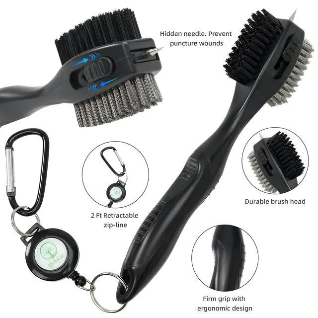 Alt view image 2 of 5 - Golf Club Brush, Oversized Brush with Rubber Hand Grip, Club Groove Cleaner with 2 Ft Retractable Extension Cord and Aluminum Carabiner, Golf Bag Accessories for Men and Women, Black
