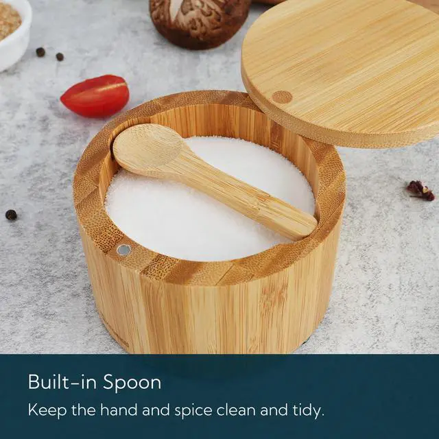 Alt view image 3 of 7 - Bamboo Salt Cellar Bowl Box Container with Built-in Spoon, Elegant Kitchen Salt Dish Holder Saver Jar with Swivel Magnetic Lid to Storage Pepper Spice, 6OZ