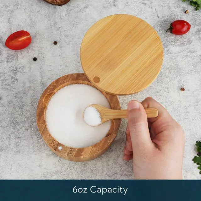 Alt view image 2 of 7 - Bamboo Salt Cellar Bowl Box Container with Built-in Spoon, Elegant Kitchen Salt Dish Holder Saver Jar with Swivel Magnetic Lid to Storage Pepper Spice, 6OZ