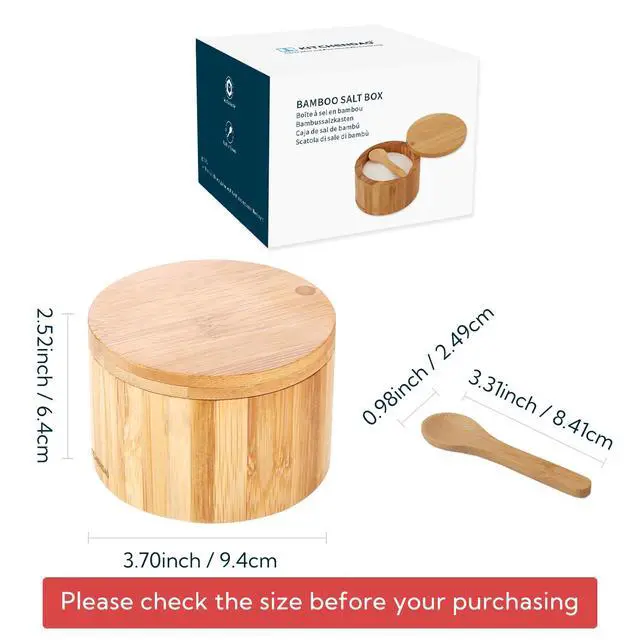 Alt view image 6 of 7 - Bamboo Salt Cellar Bowl Box Container with Built-in Spoon, Elegant Kitchen Salt Dish Holder Saver Jar with Swivel Magnetic Lid to Storage Pepper Spice, 6OZ