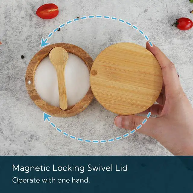 Alt view image 4 of 7 - Bamboo Salt Cellar Bowl Box Container with Built-in Spoon, Elegant Kitchen Salt Dish Holder Saver Jar with Swivel Magnetic Lid to Storage Pepper Spice, 6OZ