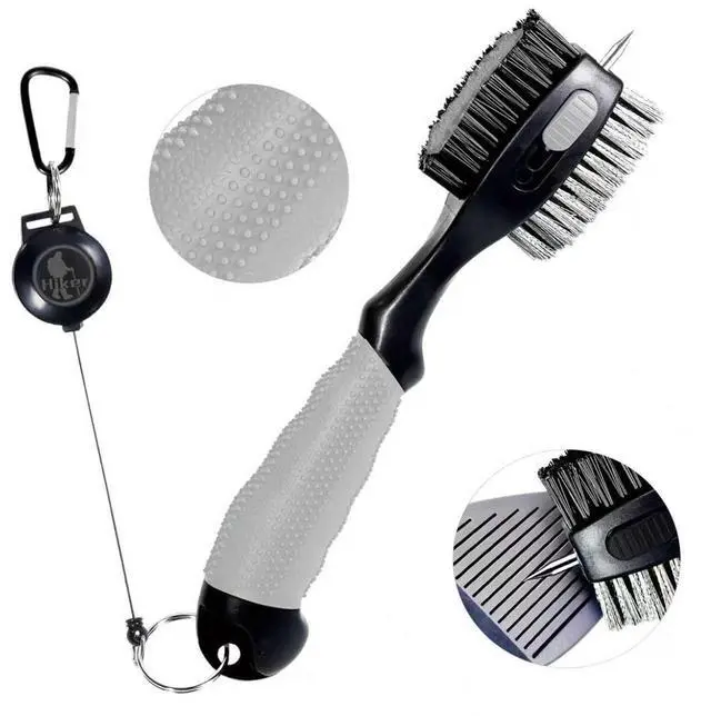 Main image of Golf Club Cleaning Brush with Groove Cleaner, Oversized Double Wire and Nylon Brush Heads, 24 inch Retractable Zipline Carabiner, Comfortable Rubber Grip for Golf Club Bag Accessories(Grey)