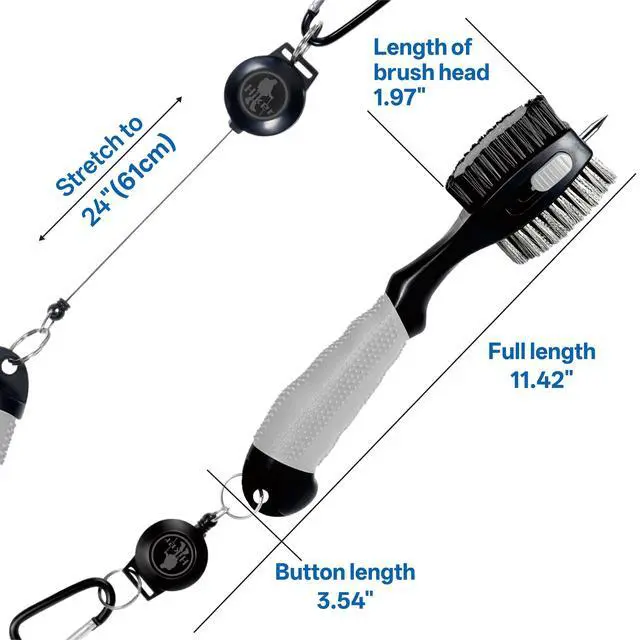 Alt view image 5 of 7 - Golf Club Cleaning Brush with Groove Cleaner, Oversized Double Wire and Nylon Brush Heads, 24 inch Retractable Zipline Carabiner, Comfortable Rubber Grip for Golf Club Bag Accessories(Grey)