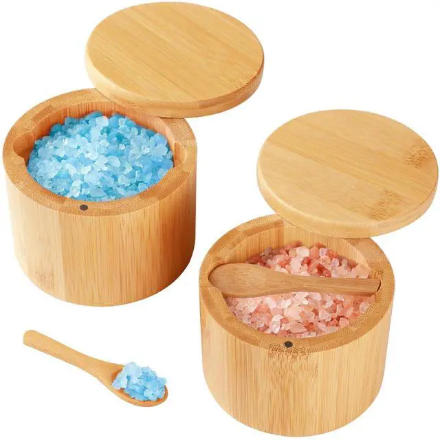 Main image of Bamboo Salt Cellar, 2 PCS Salt Container with Built-in Spoon, Salt Box Bowl with Magnetic Swivel Lid, Elegant Kitchen Salt Holder Saver Jar to Storage Pepper Spice Sea Salt for Countertop