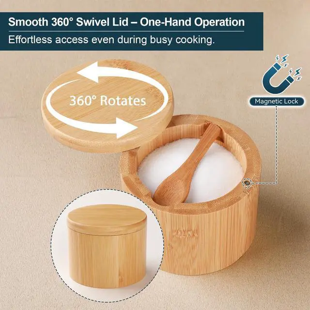 Alt view image 4 of 7 - Bamboo Salt Cellar, 2 PCS Salt Container with Built-in Spoon, Salt Box Bowl with Magnetic Swivel Lid, Elegant Kitchen Salt Holder Saver Jar to Storage Pepper Spice Sea Salt for Countertop