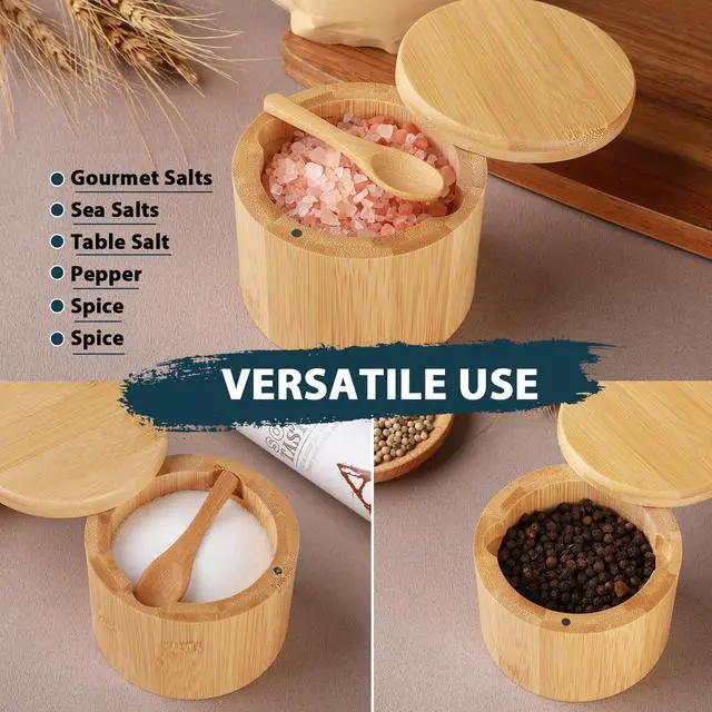 Alt view image 5 of 7 - Bamboo Salt Cellar, 2 PCS Salt Container with Built-in Spoon, Salt Box Bowl with Magnetic Swivel Lid, Elegant Kitchen Salt Holder Saver Jar to Storage Pepper Spice Sea Salt for Countertop