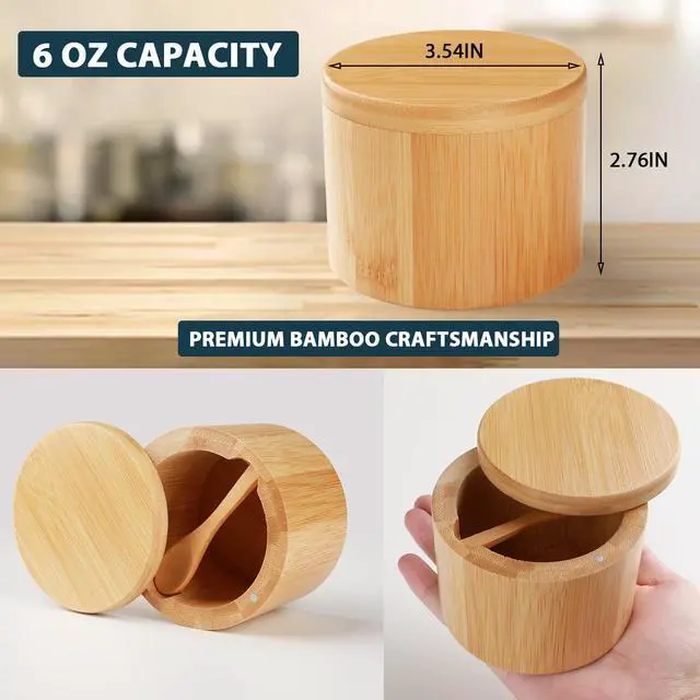 Alt view image 7 of 7 - Bamboo Salt Cellar, 2 PCS Salt Container with Built-in Spoon, Salt Box Bowl with Magnetic Swivel Lid, Elegant Kitchen Salt Holder Saver Jar to Storage Pepper Spice Sea Salt for Countertop