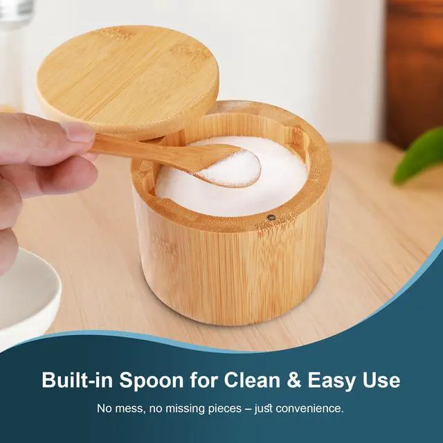 Alt view image 3 of 7 - Bamboo Salt Cellar, 2 PCS Salt Container with Built-in Spoon, Salt Box Bowl with Magnetic Swivel Lid, Elegant Kitchen Salt Holder Saver Jar to Storage Pepper Spice Sea Salt for Countertop