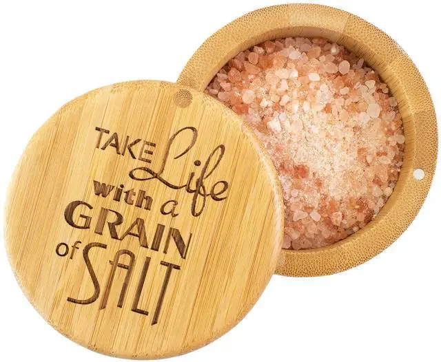 Main image of Salt Cellar Bamboo Storage Box with Magnetic Swivel Lid, 6 Ounce Capacity, "Take Life with a Grain of Salt" Engraved on Lid