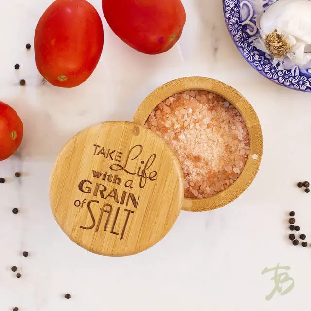 Alt view image 2 of 7 - Salt Cellar Bamboo Storage Box with Magnetic Swivel Lid, 6 Ounce Capacity, "Take Life with a Grain of Salt" Engraved on Lid