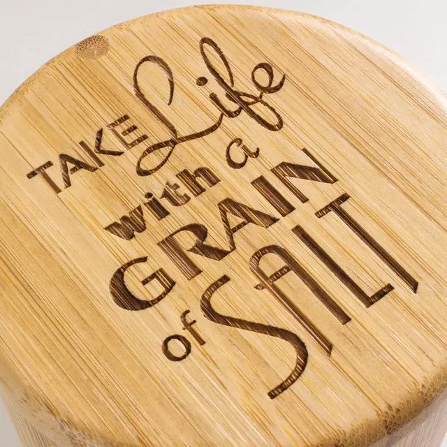 Alt view image 3 of 7 - Salt Cellar Bamboo Storage Box with Magnetic Swivel Lid, 6 Ounce Capacity, "Take Life with a Grain of Salt" Engraved on Lid