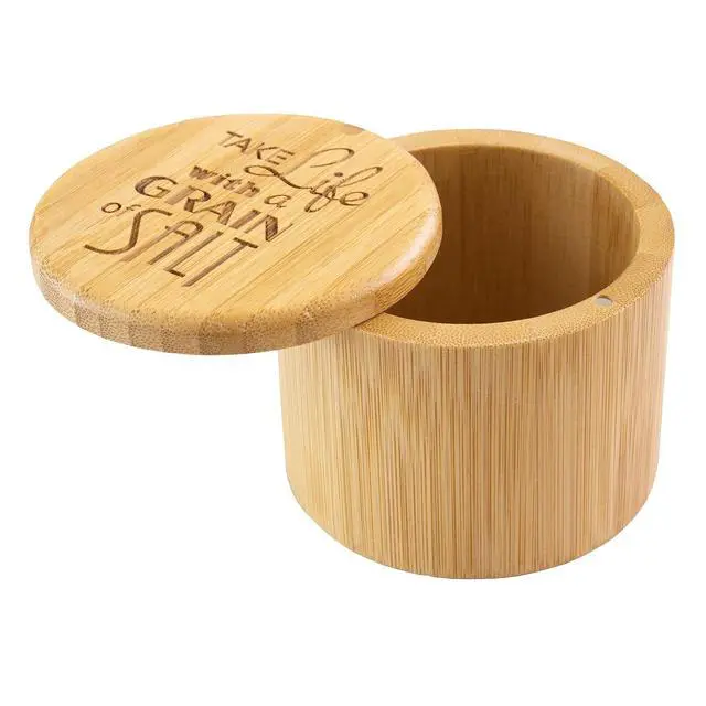 Alt view image 5 of 7 - Salt Cellar Bamboo Storage Box with Magnetic Swivel Lid, 6 Ounce Capacity, "Take Life with a Grain of Salt" Engraved on Lid