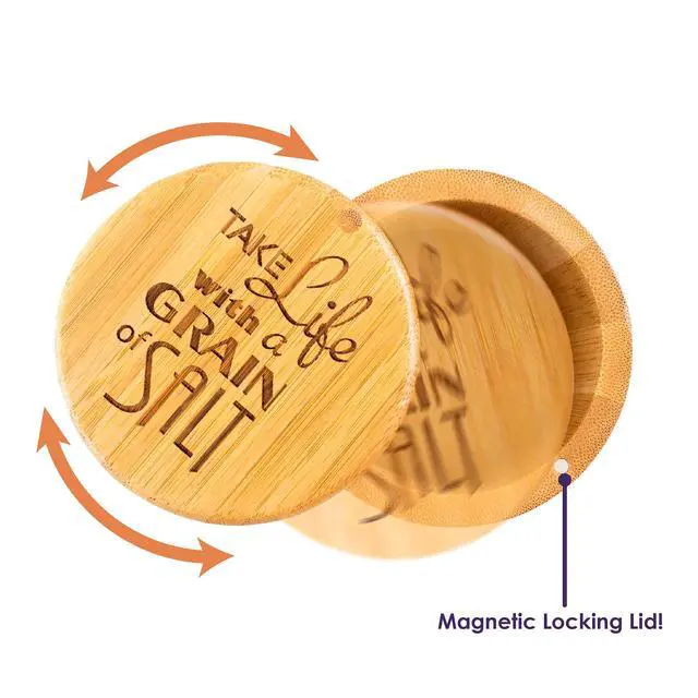 Alt view image 4 of 7 - Salt Cellar Bamboo Storage Box with Magnetic Swivel Lid, 6 Ounce Capacity, "Take Life with a Grain of Salt" Engraved on Lid