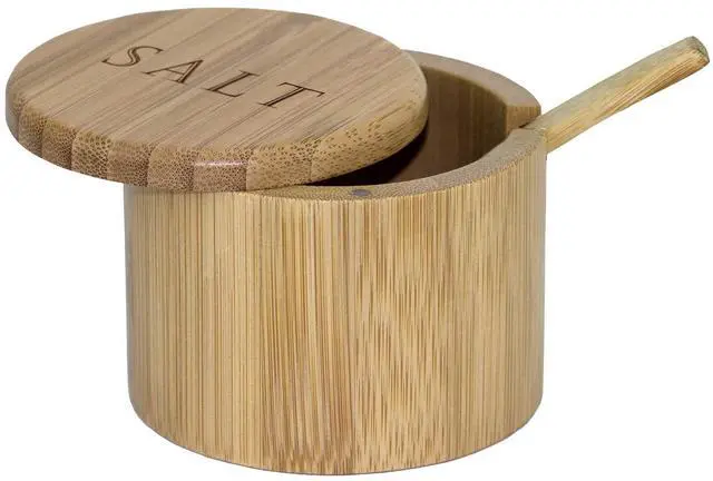 Main image of Salt Cellar Bamboo Storage Box with Magnetic Swivel Lid, 6 Ounce Capacity, Engraving on Lid, Includes Salt Spoon