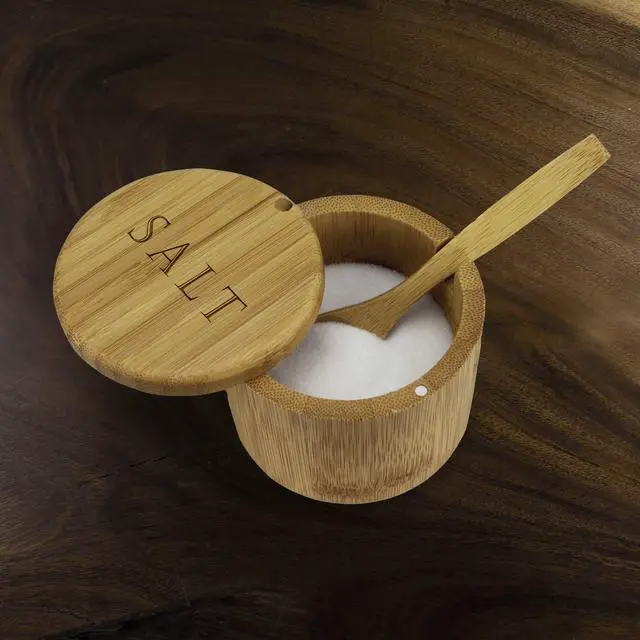 Alt view image 2 of 6 - Salt Cellar Bamboo Storage Box with Magnetic Swivel Lid, 6 Ounce Capacity, Engraving on Lid, Includes Salt Spoon