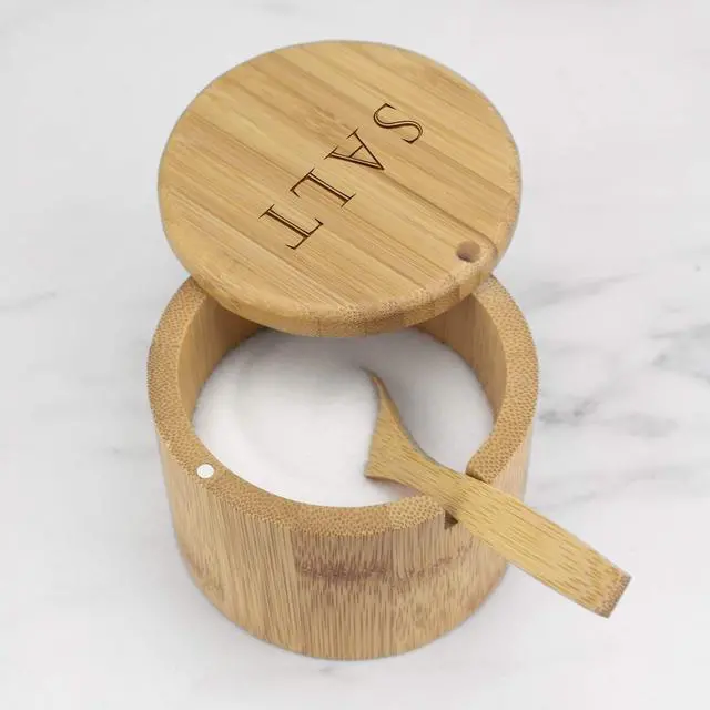 Alt view image 3 of 6 - Salt Cellar Bamboo Storage Box with Magnetic Swivel Lid, 6 Ounce Capacity, Engraving on Lid, Includes Salt Spoon
