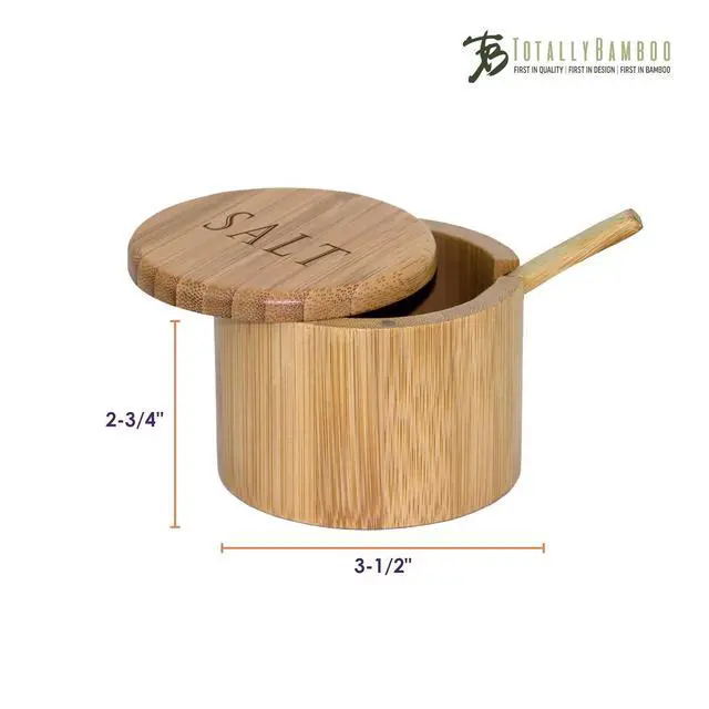 Alt view image 6 of 6 - Salt Cellar Bamboo Storage Box with Magnetic Swivel Lid, 6 Ounce Capacity, Engraving on Lid, Includes Salt Spoon