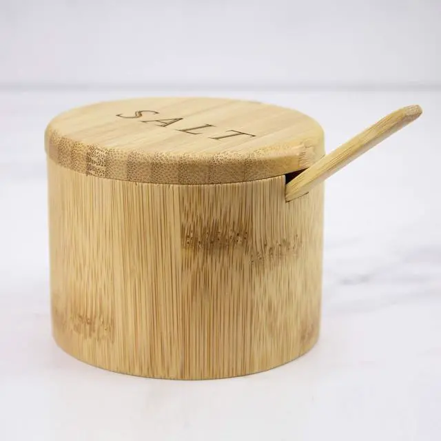 Alt view image 4 of 6 - Salt Cellar Bamboo Storage Box with Magnetic Swivel Lid, 6 Ounce Capacity, Engraving on Lid, Includes Salt Spoon