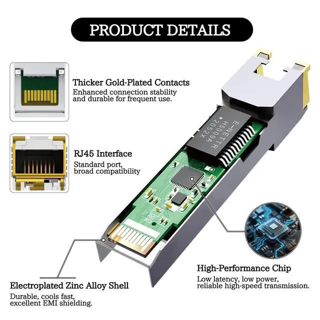 Alt view image 3 of 7 - SFP+ to RJ45 10G Transceiver - 10GBASE-T 2.5G/5G/10G Auto-Negotiation SFP+ Module up to 30m, Plug & Play 10G SFP+ Ethernet Adapter Compatible with Cisco D-Link Mikrotik Ethernet Switch