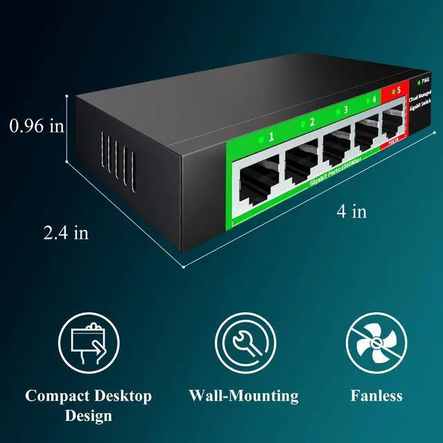 Alt view image 7 of 7 - 5-Port Gigabit Ethernet Switch | Smart Managed with VLAN/QoS | Plug & Play Desktop/Wall-Mount Network Hub w/ PoE in Design | Sturdy Metal & Energy-Efficient(Includes Power Adapter)