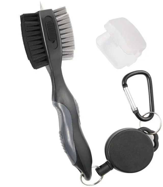 Main image of Golf Club Brushes, Golf Cleaning Tool, with Retractable Cleaning Nails, Nylon and Wire Bristles Oversize Double Brush Head with 2ft Retractable Zip-line Metal Buckle (Grey)