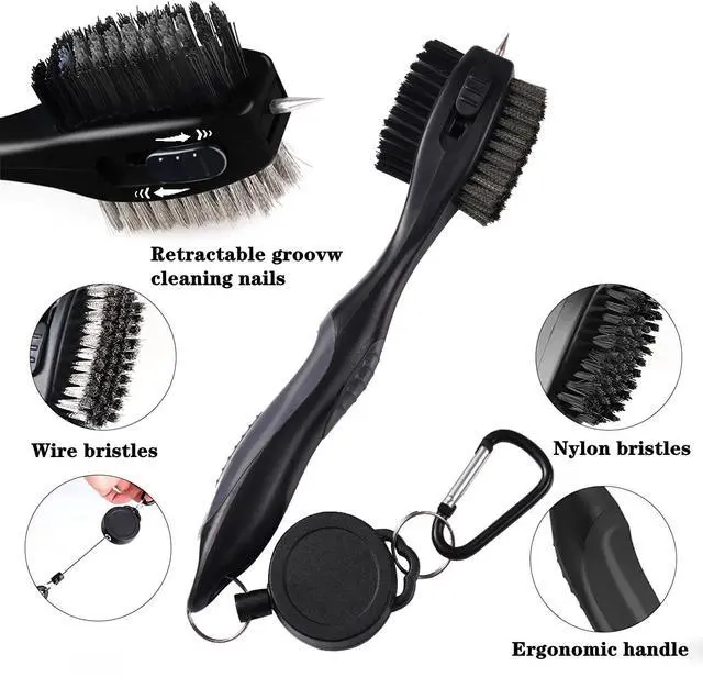 Alt view image 3 of 6 - Golf Club Brushes, Golf Cleaning Tool, with Retractable Cleaning Nails, Nylon and Wire Bristles Oversize Double Brush Head with 2ft Retractable Zip-line Metal Buckle (Grey)