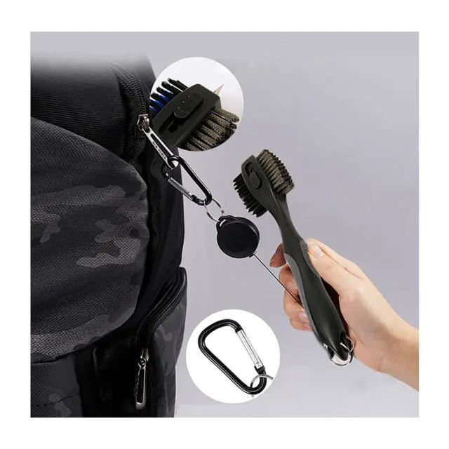 Alt view image 6 of 6 - Golf Club Brushes, Golf Cleaning Tool, with Retractable Cleaning Nails, Nylon and Wire Bristles Oversize Double Brush Head with 2ft Retractable Zip-line Metal Buckle (Grey)