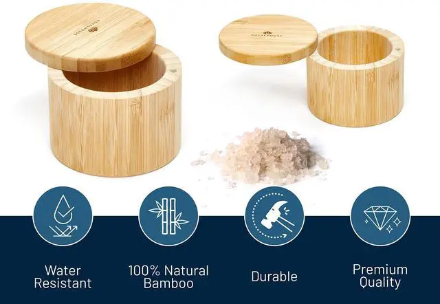 Alt view image 2 of 7 - 6 Oz Capacity Natural Bamboo Salt and Pepper Holder With Bamboo Lid, Salt Cellar With Magnetic Swivel Lid, Healthy Storage Box For Herbs Or Favorite Seasonings