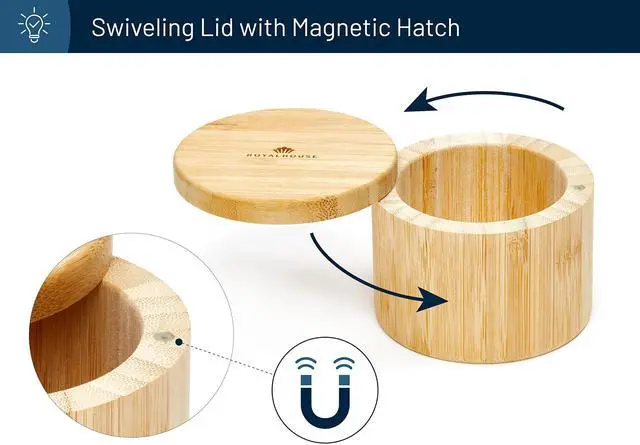 Alt view image 5 of 7 - 6 Oz Capacity Natural Bamboo Salt and Pepper Holder With Bamboo Lid, Salt Cellar With Magnetic Swivel Lid, Healthy Storage Box For Herbs Or Favorite Seasonings