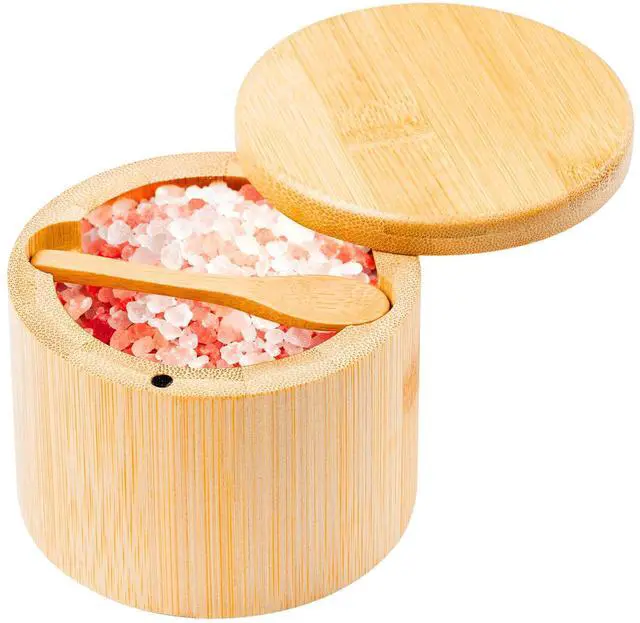 Main image of Bamboo Salt Cellar Salt Container Salt Box Bowl with Swivel Lid Spice Box with Spoon for Countertop to Store Sea Salt Pepper Sugar 6 Ounce Capacity