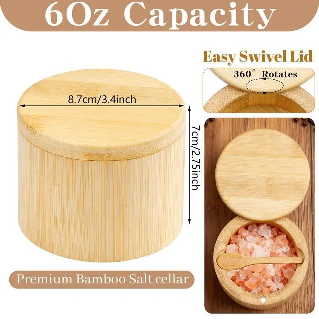 Alt view image 2 of 7 - Bamboo Salt Cellar Salt Container Salt Box Bowl with Swivel Lid Spice Box with Spoon for Countertop to Store Sea Salt Pepper Sugar 6 Ounce Capacity