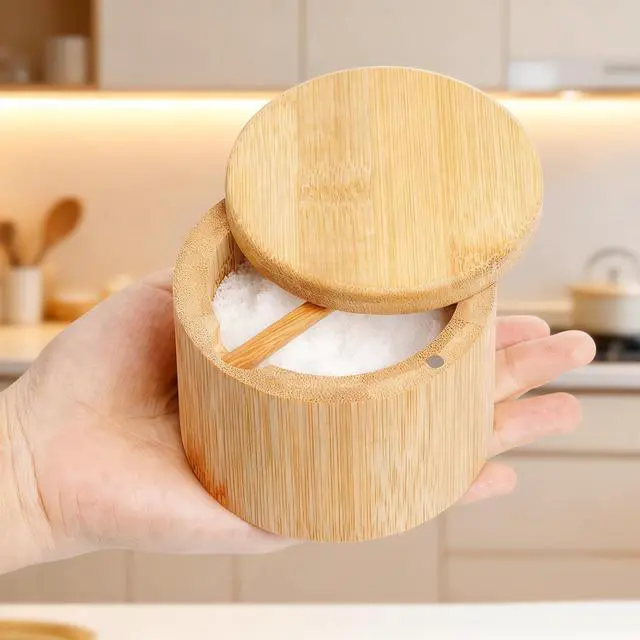 Alt view image 4 of 7 - Bamboo Salt Cellar Salt Container Salt Box Bowl with Swivel Lid Spice Box with Spoon for Countertop to Store Sea Salt Pepper Sugar 6 Ounce Capacity