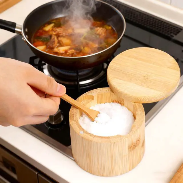 Alt view image 6 of 7 - Bamboo Salt Cellar Salt Container Salt Box Bowl with Swivel Lid Spice Box with Spoon for Countertop to Store Sea Salt Pepper Sugar 6 Ounce Capacity